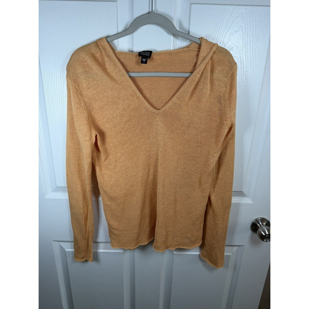Eileen Fisher 100% Linen Hooded V Neck Sweater Women S Orange Lightweight
